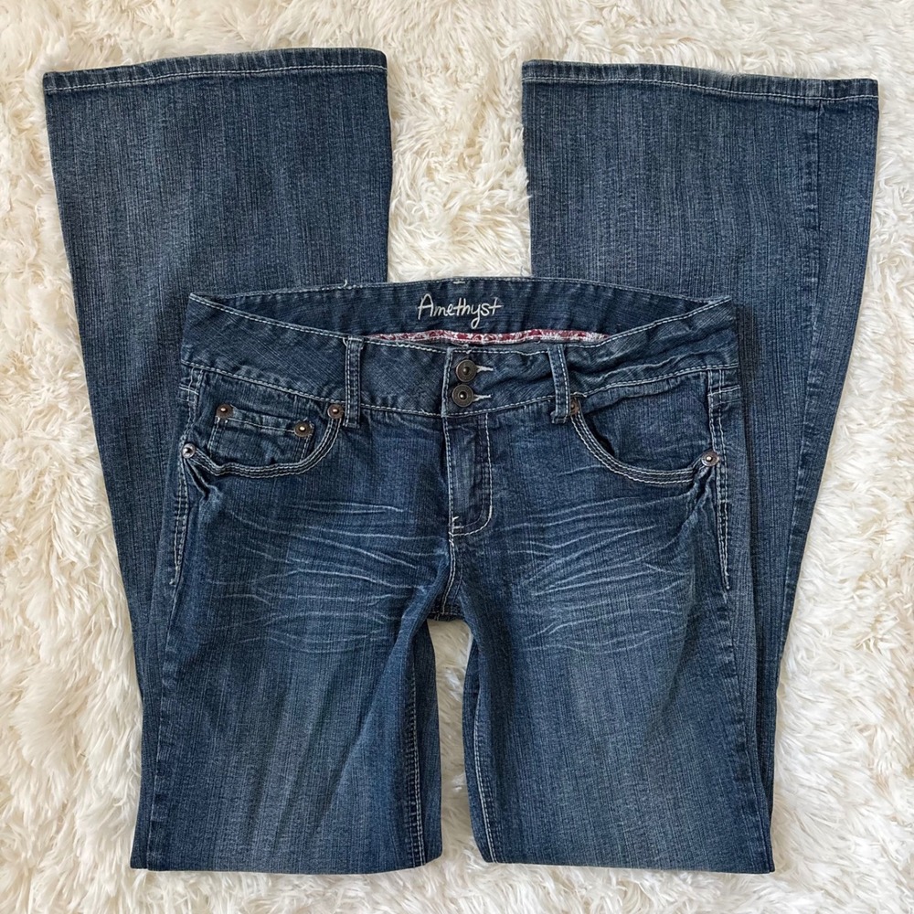 Amethyst Womens Flare Leg Jeans Dark Wash Low Rise Y2K Denim Size 9